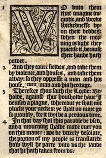 Micah 2:1-4 from the Bishops' Bible, 1568.
