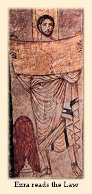 A fresco painting on the wall of an ancient Jewish synagogue in Dura Europos, Syria (dating from the middle of the third century) portrays Ezra reading the Law.